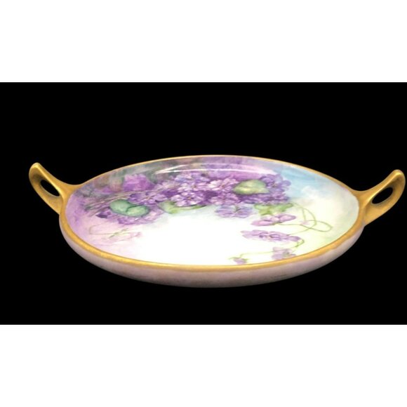 Antique Rosenthal Selb Bavaria Hand Painted Porcelain Dish W/ Handles Purple Lil - Picture 11 of 14